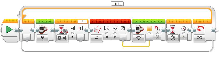 Lego Mindstorms EV3 Software - EV3 Brick Status Light Programming Block - Example Program 1 - Display Random Color - Full Program