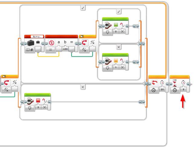 Lego Mindstorms EV3 Software - EV3 Brick Status Light Programming Block - Example Program 2 - Bump Game - Step 10